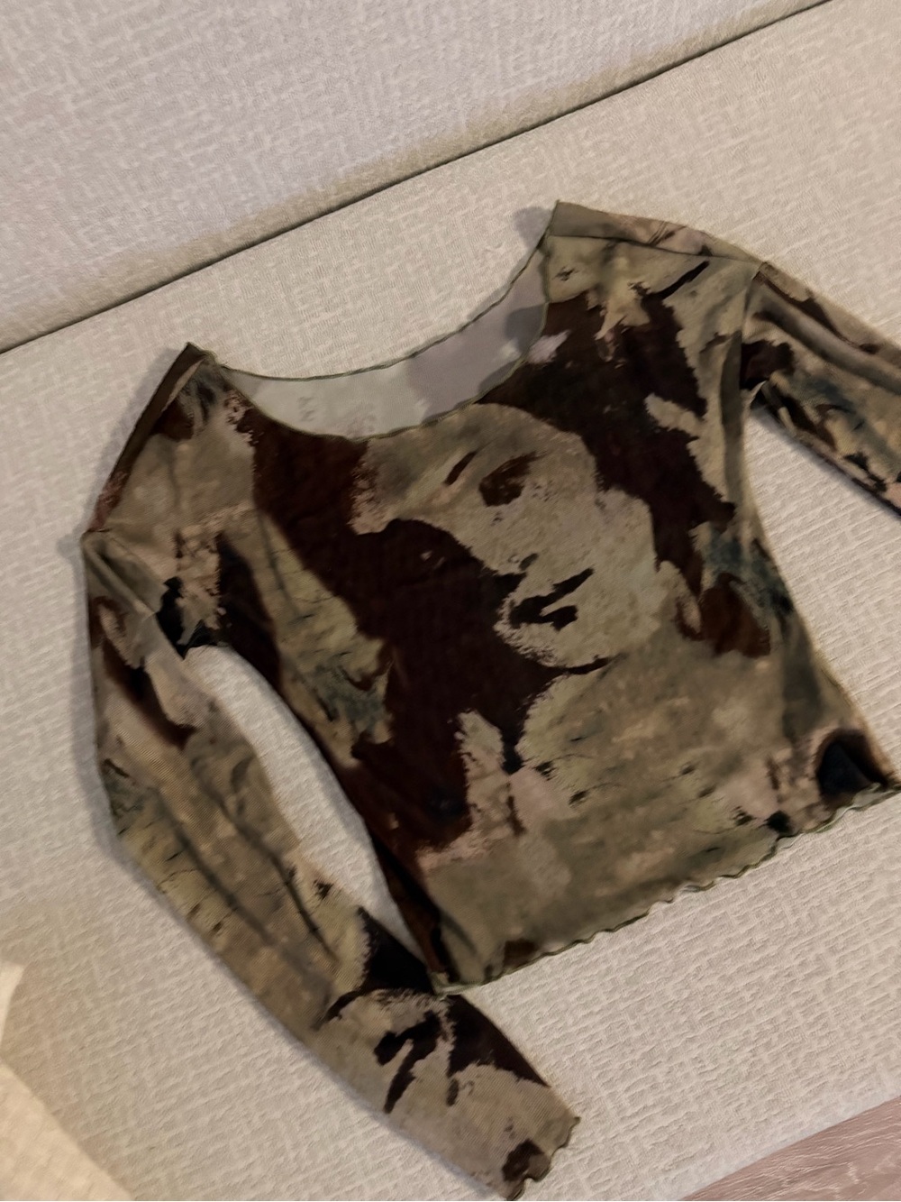 Mango Long Sleeve Crewneck Top in Olive, Brown, Black Print